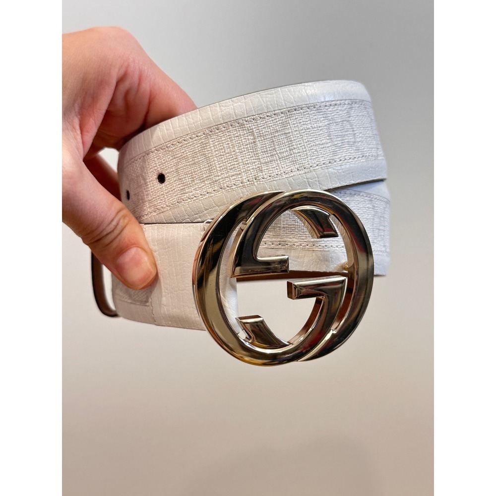 Gucci White Leather Interlocking G Buckle Belt 142930 85-34 Silver Tone Hardware